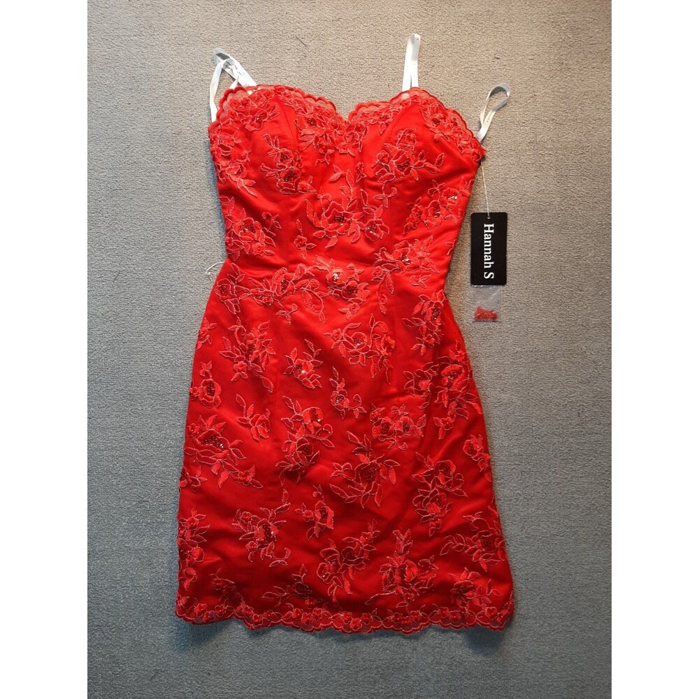Hannah S Dress Sleeveless strapless size 2 Womens Red Floral Beaded Polyester